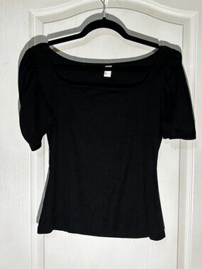 Black Ribbed Square Neck Puff Sleeve Top Size L